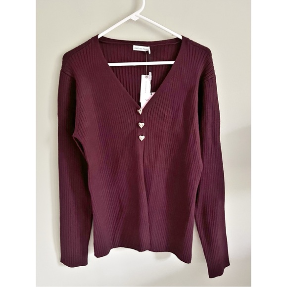 Anthropologie Avec Les Filles burgundy ribbed cardigan heart buttons sz L - Picture 6 of 13